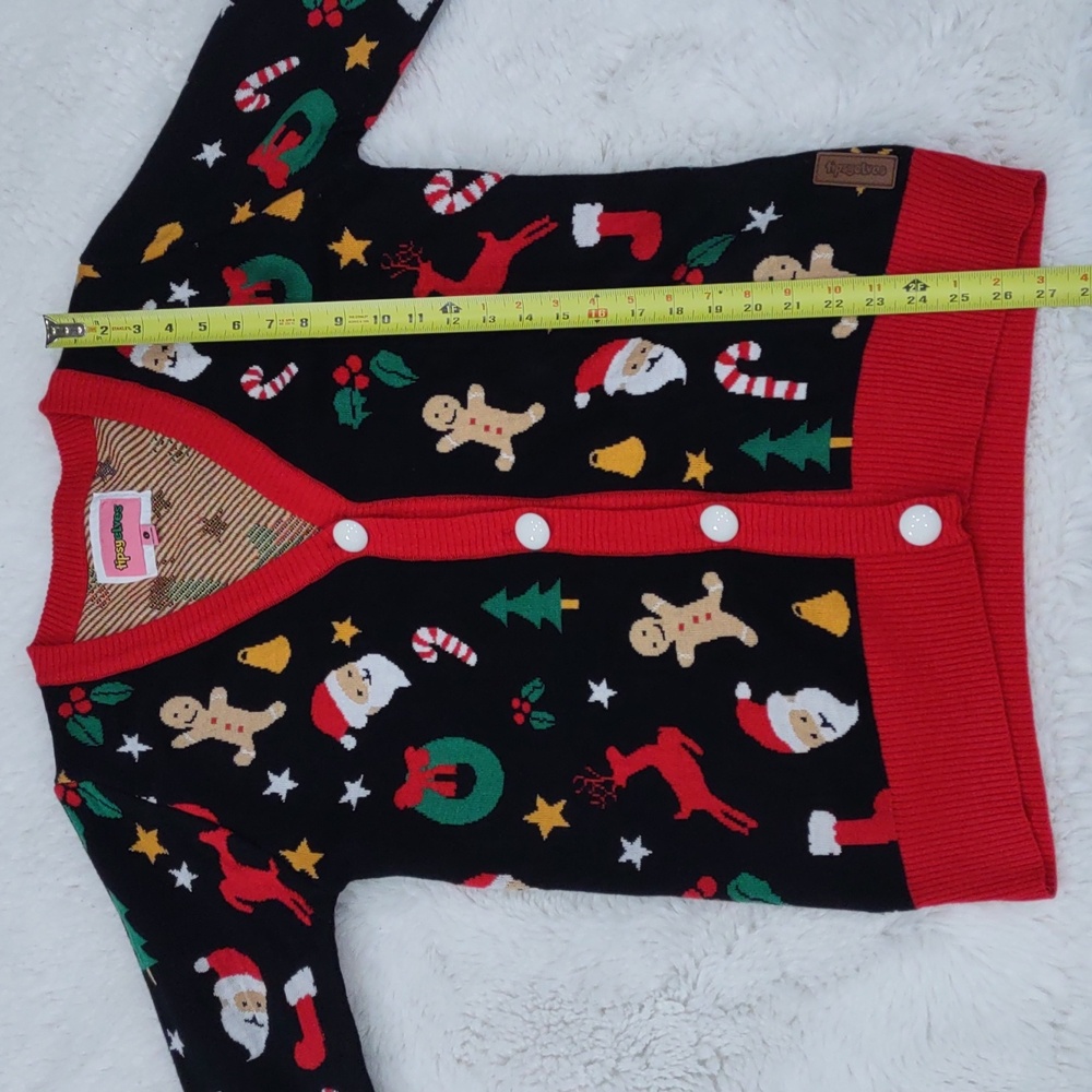 Tipsy Elves Black Cardigan with Red Trim and Festive Motifs - Picture 12 of 17